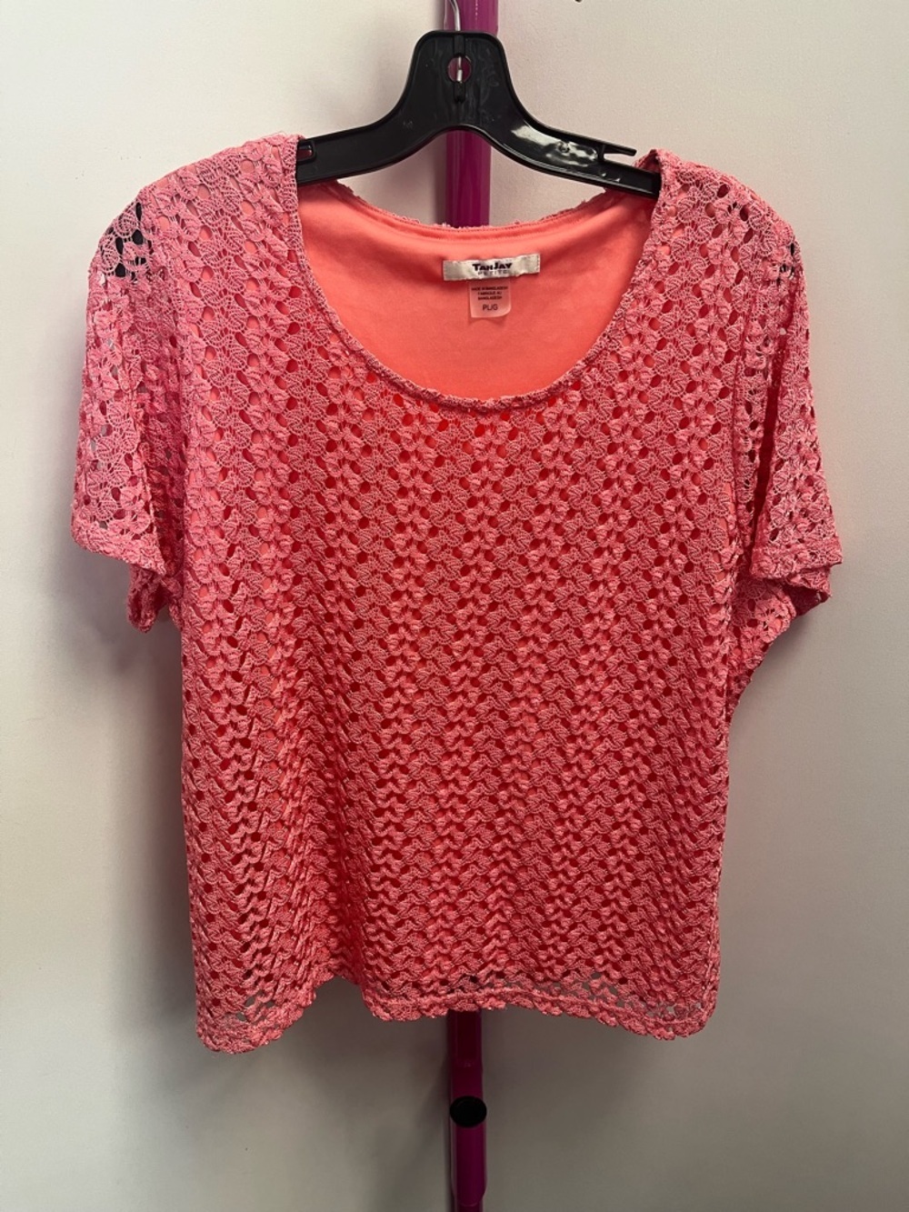 TanJay Coral Pink Crochet Overlay Short Sleeve Tee